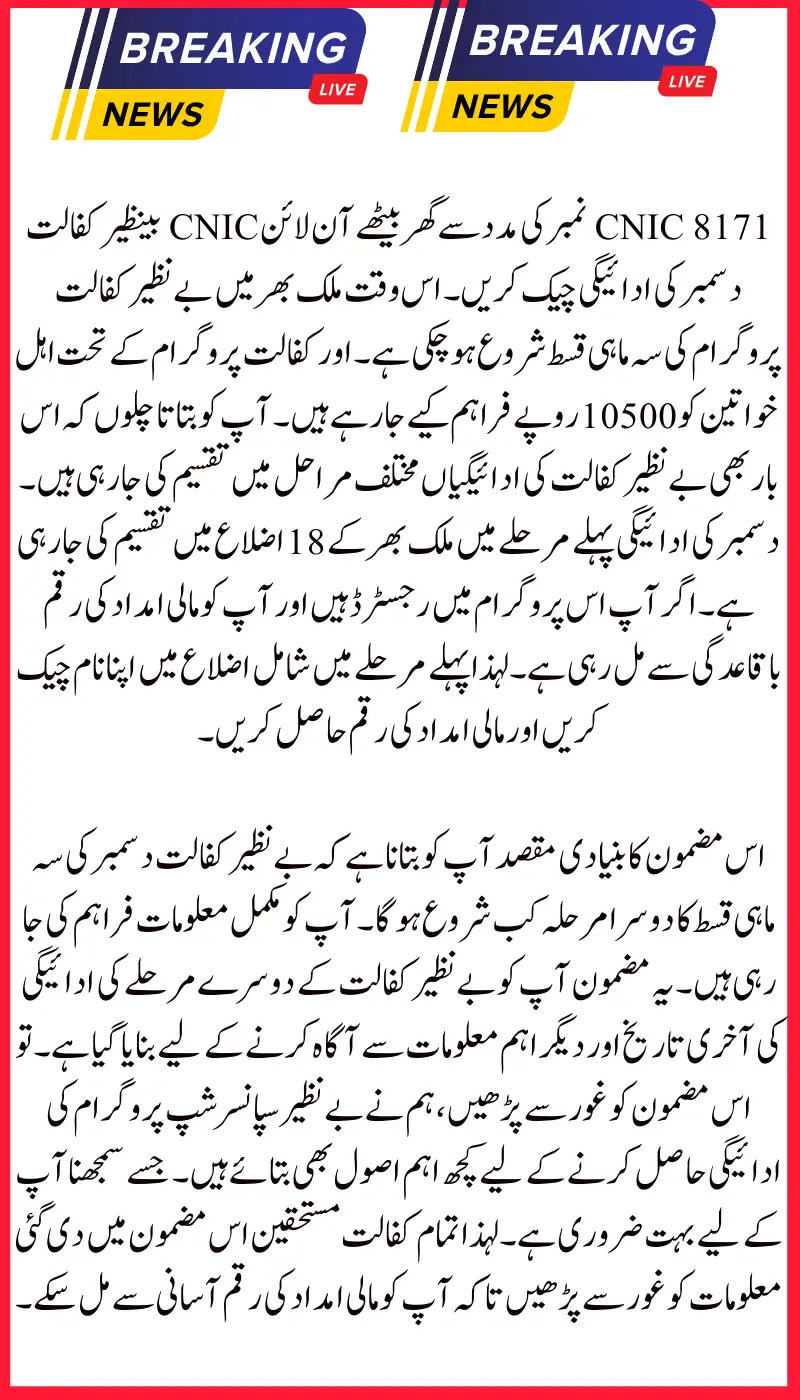 Benazir Kafalat Program 2024: How to Check 2nd Phase Payment Status Online via CNIC on 8171